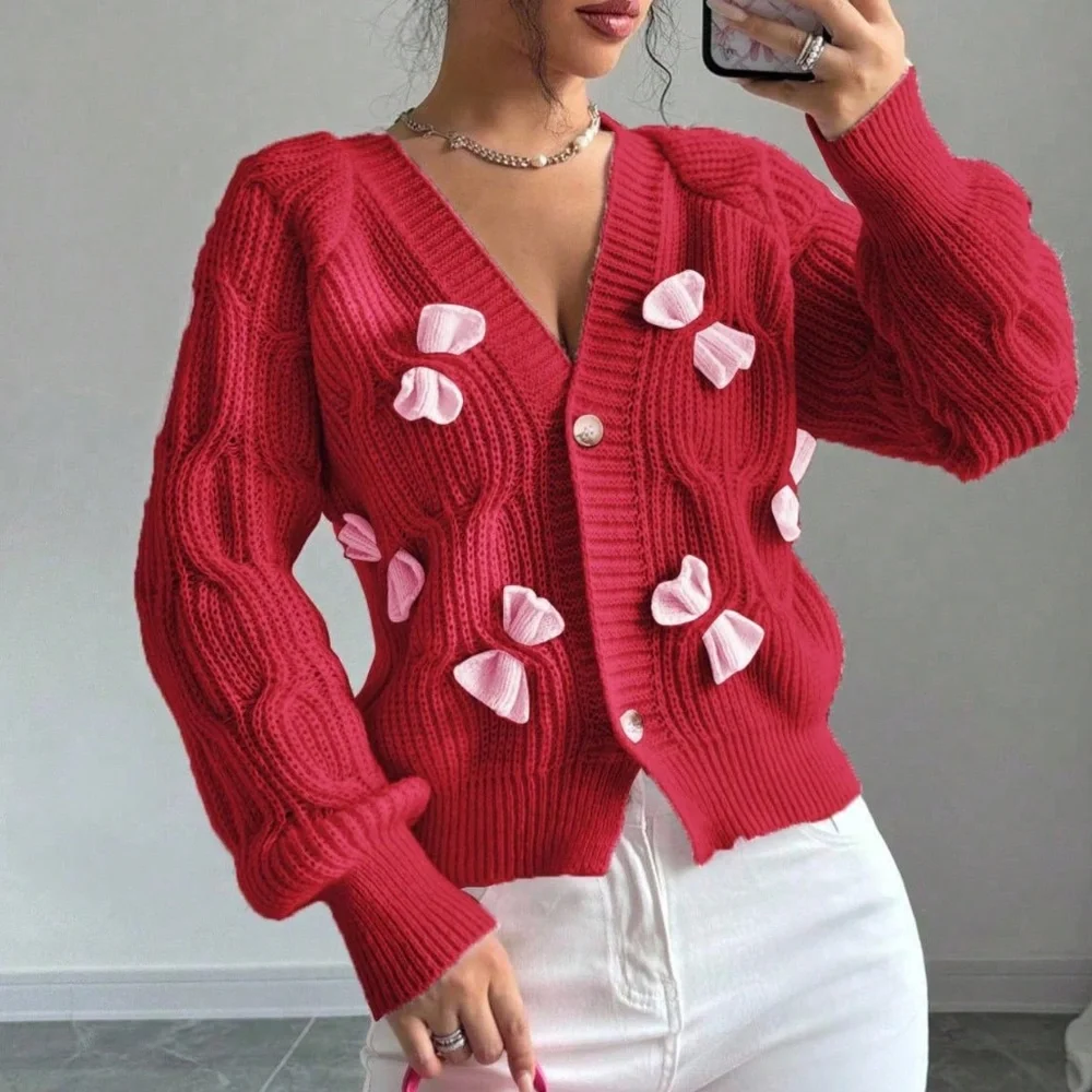 Classic Solid Bow Detail Button Down Fitted Cardigan